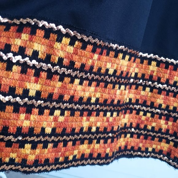 Vintage 70s black maxi dress with yellow/orange woven trim and gold sequins - Picture 3 of 8